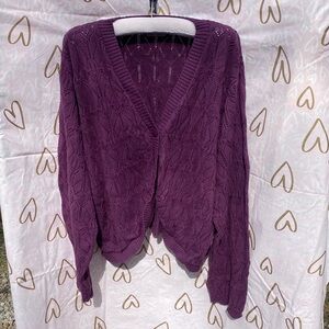 Vintage Lea Apparel Large Purple Cable-Knit Cardigan Women's Pointelle Sweater